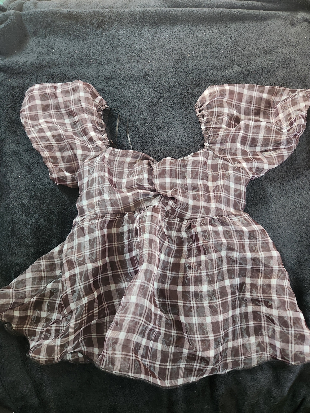 Plaid Puff-Sleeve Iridescent Babydoll Top